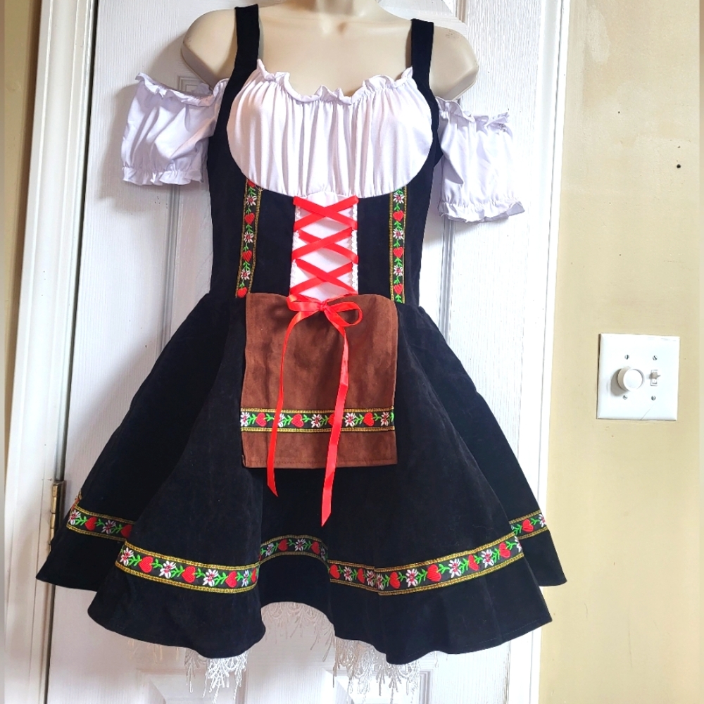 Chic Black and White Dirndl Dress with Red and Brown Details